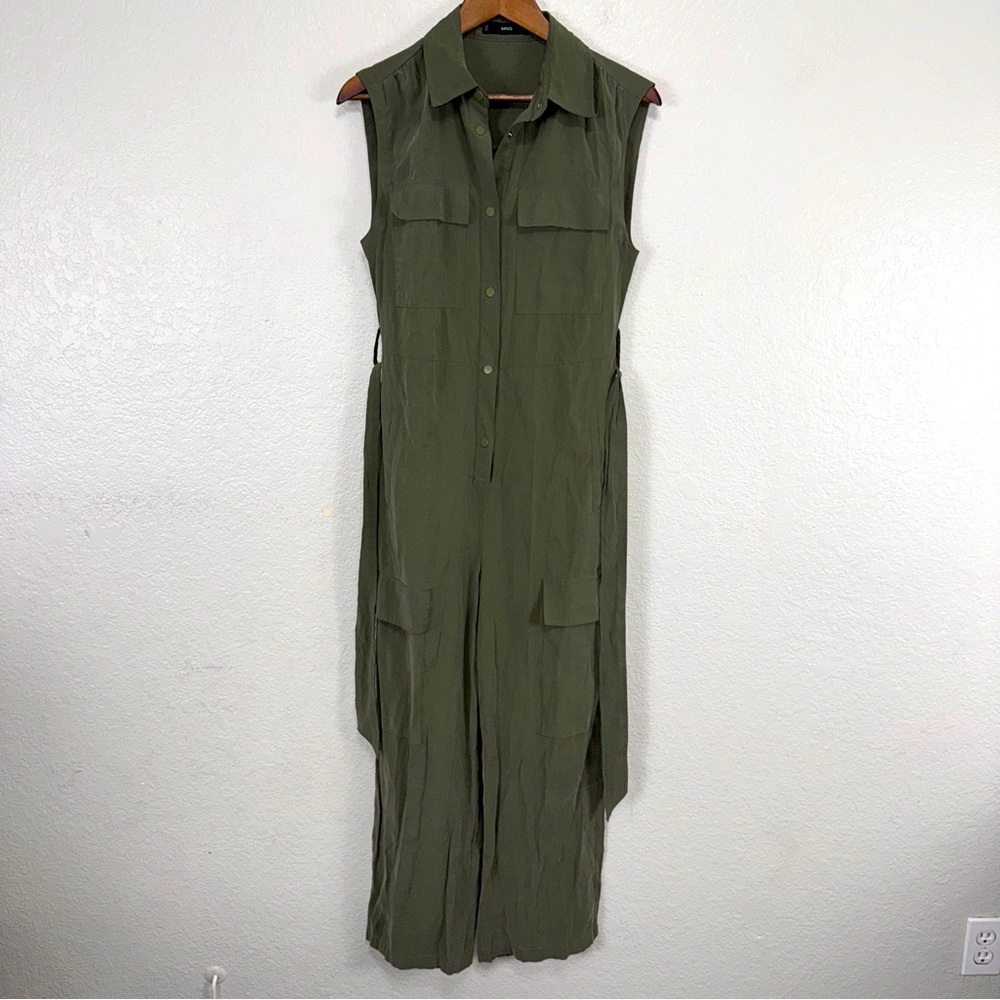 Mango Jumpsuit Viscose Wide Leg Collard‎ Cargo Belted Amy Olive Work Office #cc